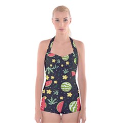 Watermelon Doodle Pattern Boyleg Halter Swimsuit  by Cemarart