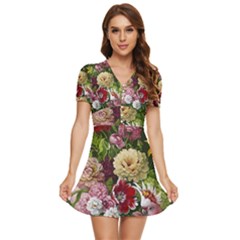 Parrot Painting Flower Art V-neck High Waist Chiffon Mini Dress by Cemarart