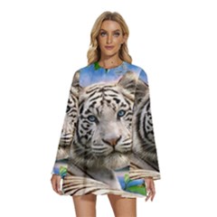 White Tiger Peacock Animal Fantasy Water Summer Round Neck Long Sleeve Bohemian Style Chiffon Mini Dress by Cemarart