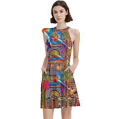 Arabian Street Art Colorful Peacock Tiger Man Parrot Horse Dancer Fantasy Cocktail Party Halter Sleeveless Dress With Pockets by Cemarart