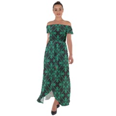 Green Damask Pattern Vintage Floral Pattern, Green Vintage Off Shoulder Open Front Chiffon Dress by nateshop