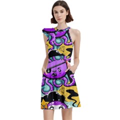 Cartoon Graffiti, Art, Black, Colorful Cocktail Party Halter Sleeveless Dress With Pockets by nateshop