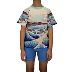 Wave Japanese Mount Fuji Kids  Short Sleeve Swimwear by Grandong