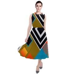 Retro Pattern Abstract Art Colorful Square Round Neck Boho Dress by Ndabl3x