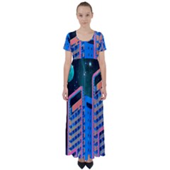 Fantasy City Architecture Building Cityscape High Waist Short Sleeve Maxi Dress by Cemarart