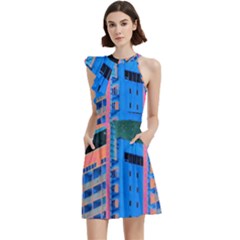 Fantasy City Architecture Building Cityscape Cocktail Party Halter Sleeveless Dress With Pockets by Cemarart