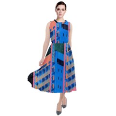 Fantasy City Architecture Building Cityscape Round Neck Boho Dress by Cemarart