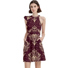 Vintage Floral Pattern, Purple Vintage Cocktail Party Halter Sleeveless Dress With Pockets by nateshop