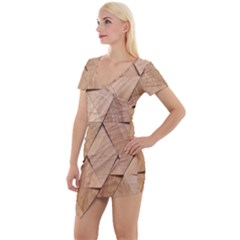 Wooden Triangles Texture, Wooden Wooden Short Sleeve Asymmetric Mini Dress