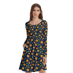 Flower Long Sleeve Knee Length Skater Dress With Pockets by zappwaits