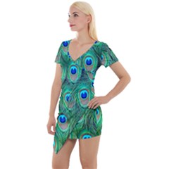 Peacock Feathers, Bonito, Bird, Blue, Colorful, Feathers Short Sleeve Asymmetric Mini Dress