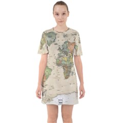 Vintage World Map Aesthetic Sixties Short Sleeve Mini Dress by Cemarart