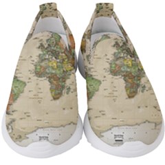 Vintage World Map Aesthetic Kids  Slip On Sneakers by Cemarart