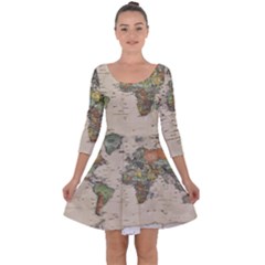 Vintage World Map Aesthetic Quarter Sleeve Skater Dress by Cemarart