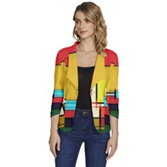 Multicolored Retro Abstraction, Lines Retro Background, Multicolored Mosaic Women s One-button 3/4 Sleeve Short Jacket by nateshop