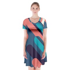 Blue Geometric Background, Abstract Lines Background Short Sleeve V-neck Flare Dress by nateshop