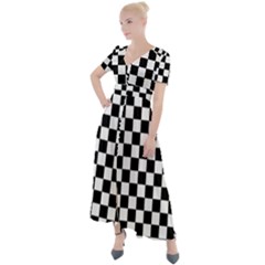 Black White Checker Pattern Checkerboard Button Up Short Sleeve Maxi Dress by Grandong