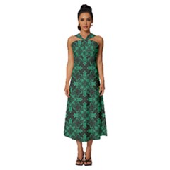 Green Damask Pattern Vintage Floral Pattern, Green Vintage Sleeveless Cross Front Cocktail Midi Chiffon Dress by nateshop
