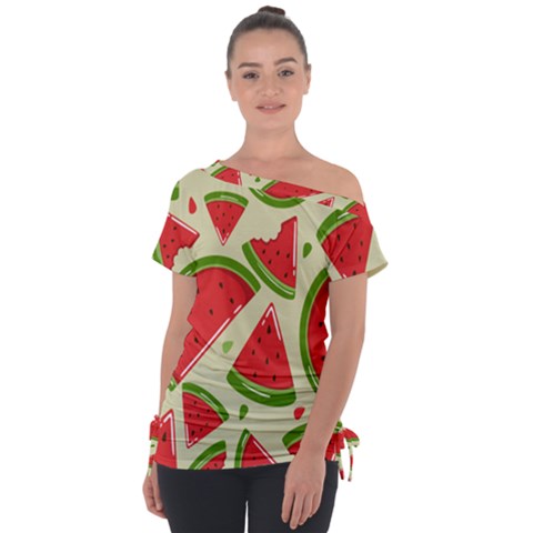 Cute Watermelon Seamless Pattern Off Shoulder Tie-up T-shirt by Grandong