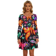 Floral Butterflies Long Sleeve Wide Neck Velvet Dress by nateshop