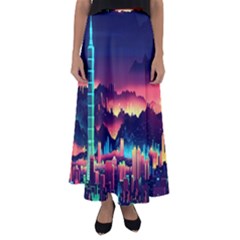 Cityscape Building Painting 3d City Illustration Flared Maxi Skirt by Bedest