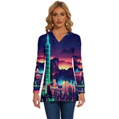 Cityscape Building Painting 3d City Illustration Long Sleeve Drawstring Hooded Top by Bedest