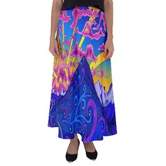 Blue And Purple Mountain Painting Psychedelic Colorful Lines Flared Maxi Skirt by Bedest