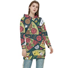 Seamless Pizza Slice Pattern Illustration Great Pizzeria Background Women s Long Oversized Pullover Hoodie by Cemarart