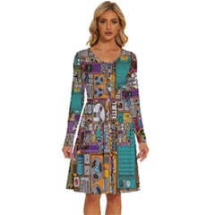 Pattern Design Art Techno  Dj Music Retro Music Device Long Sleeve Dress With Pocket by Cemarart