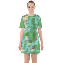 Green Retro Games Pattern Sixties Short Sleeve Mini Dress by Cemarart