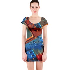 Gray Circuit Board Electronics Electronic Components Microprocessor Short Sleeve Bodycon Dress by Cemarart