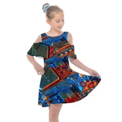 Gray Circuit Board Electronics Electronic Components Microprocessor Kids  Shoulder Cutout Chiffon Dress by Cemarart