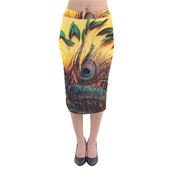 Sunset Illustration Water Night Sun Landscape Grass Clouds Painting Digital Art Drawing Velvet Midi Pencil Skirt by Cemarart