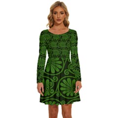 Green Floral Pattern Floral Greek Ornaments Long Sleeve Wide Neck Velvet Dress by nateshop