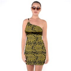 Yellow Floral Pattern Floral Greek Ornaments One Shoulder Ring Trim Bodycon Dress by nateshop