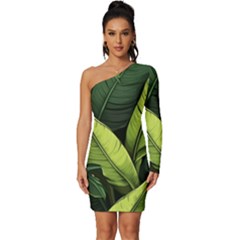 Banana Leaves Pattern Long Sleeve One Shoulder Mini Dress by goljakoff