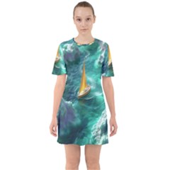 Double Exposure Flower Sixties Short Sleeve Mini Dress by Cemarart