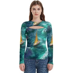 Moon Moonlit Forest Fantasy Midnight Women s Cut Out Long Sleeve T-shirt by Cemarart