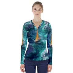 Silk Waves Abstract V-neck Long Sleeve Top by Cemarart