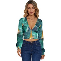 Silk Waves Abstract Long Sleeve Deep-v Velour Top by Cemarart