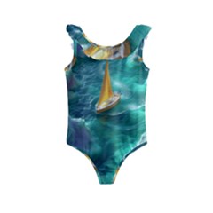 Seascape Boat Sailing Kids  Frill Swimsuit by Cemarart