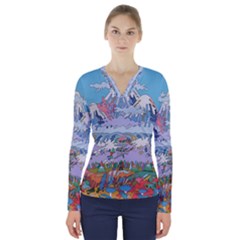 Art Psychedelic Mountain V-neck Long Sleeve Top by Cemarart