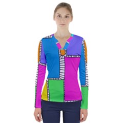 Shapes Texture Colorful Cartoon V-neck Long Sleeve Top by Cemarart