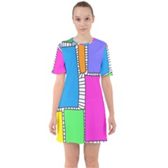 Shapes Texture Colorful Cartoon Sixties Short Sleeve Mini Dress by Cemarart