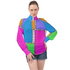 Shapes Texture Colorful Cartoon High Neck Long Sleeve Chiffon Top by Cemarart