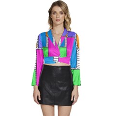 Shapes Texture Colorful Cartoon Long Sleeve Tie Back Satin Wrap Top by Cemarart