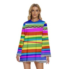 Print Ink Colorful Background Round Neck Long Sleeve Bohemian Style Chiffon Mini Dress by Cemarart