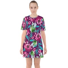 Flowers Pattern Art Texture Floral Sixties Short Sleeve Mini Dress by Cemarart