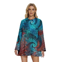 Fractal Art Spiral Ornaments Pattern Round Neck Long Sleeve Bohemian Style Chiffon Mini Dress by Cemarart