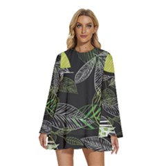 Leaves Floral Pattern Nature Round Neck Long Sleeve Bohemian Style Chiffon Mini Dress by Cemarart